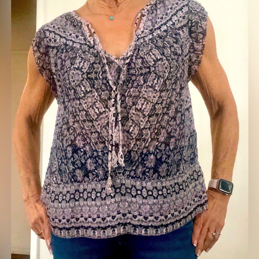 Rebecca Taylor Floral Blouse in blue and pink geometric pattern silk and cotton